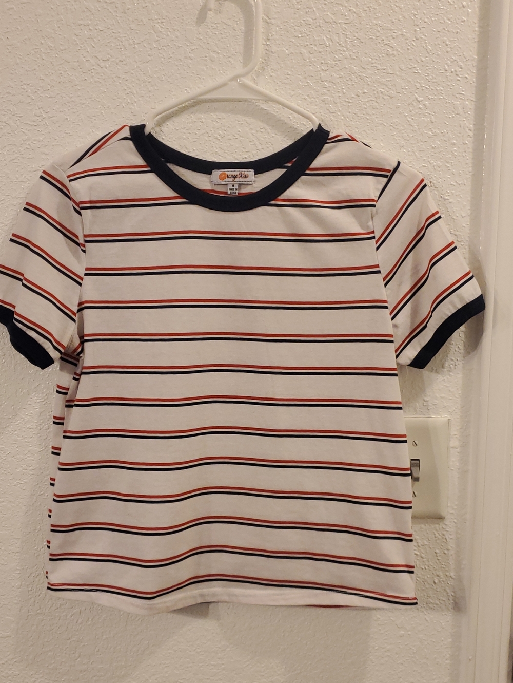 Angel Kiss White Tee with Navy & Red Stripe Detail